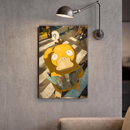 a cartoon duck holding a newspaper and looking at it with a question mark above it, as depicted in the framed artwork hanging on the wall.