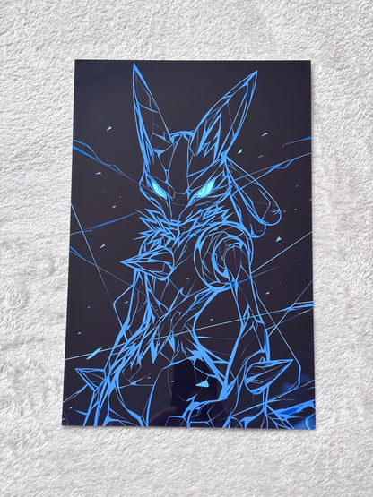 Poster Métal Lucario Cyberpunk – Art Mural Pokémon Néon | Impression Aluminium Brillante Décoration Gaming