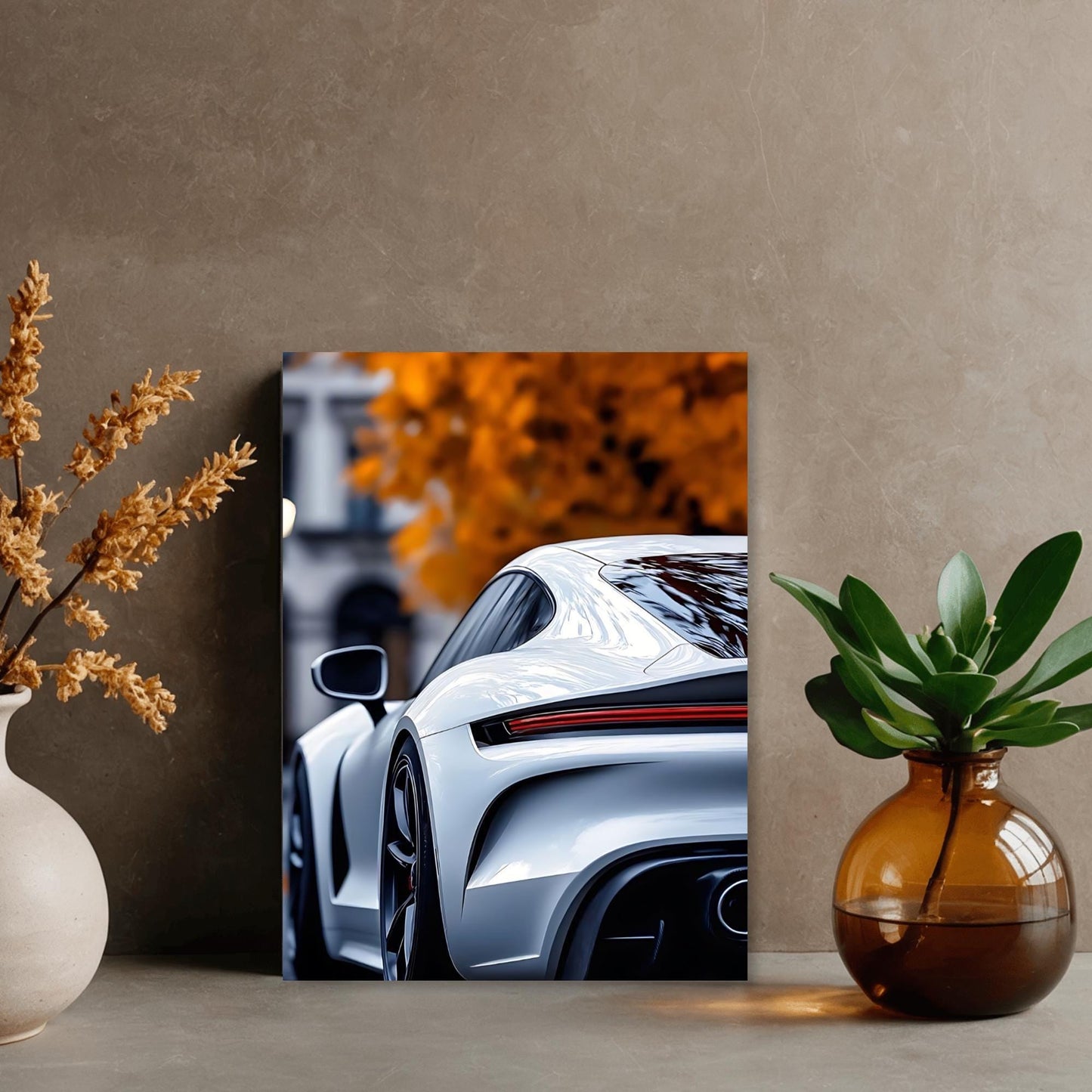 Poster Métal Porsche Blanche – Art Mural Voiture Sport Allemande Automne | Impression Aluminium Brillante Décoration Garage