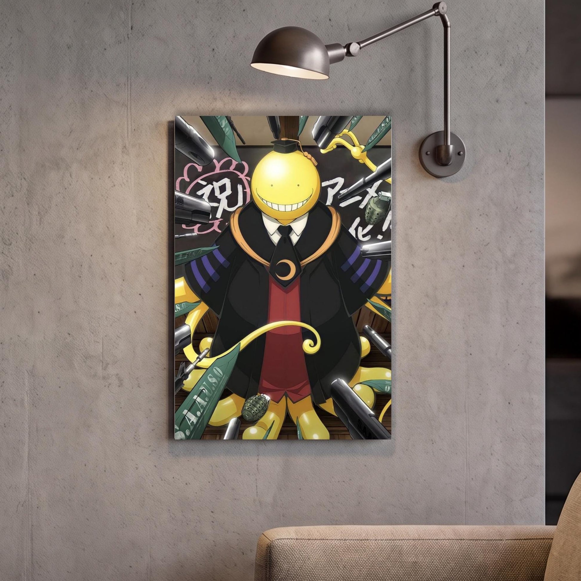 a colorful and whimsical illustration of a character with a yellow face, surrounded by various objects and text.