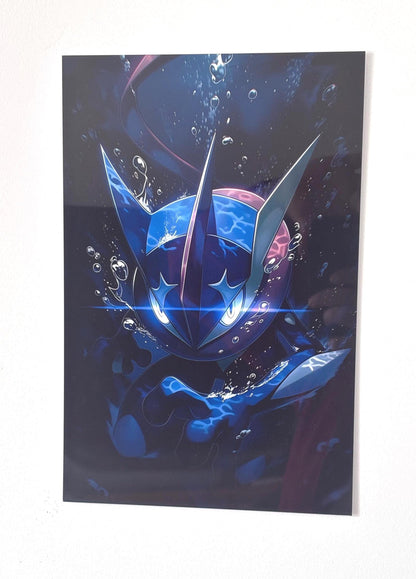 Poster Métal Amphinobi – Art Mural Pokémon Cyber Ninja Néon Bleu | Impression Aluminium Brillante Décoration Gaming