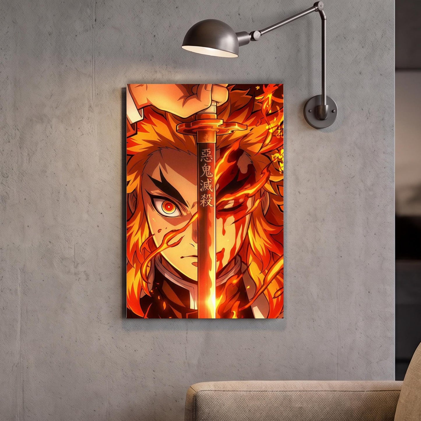 a poster of a character with a sword, surrounded by flames and a dramatic expression.