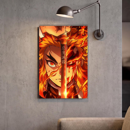 a poster of a character with a sword, surrounded by flames and a dramatic expression.