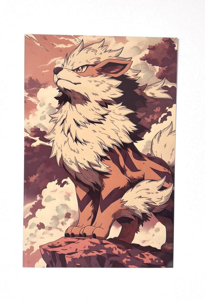 Tableau métallique en aluminium brillant représentant le Pokémon Arcanin debout fièrement de profil sur un rocher, regardant vers un ciel nuageux aux teintes chaudes et dorées de coucher de soleil.