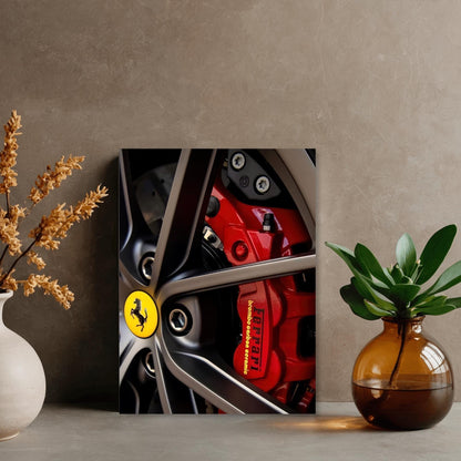 Poster Métal Étrier de Frein Ferrari – Art Mural Automobile Racing | Impression Aluminium Décoration Garage