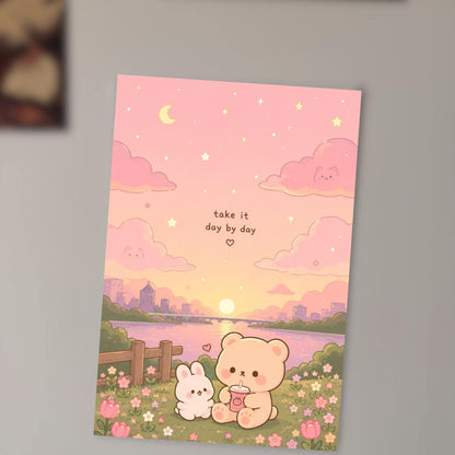 A colorful illustration depicting a serene scene with a pink sky, clouds, and a sunset, along with a small bunny and a bear sitting together in a field with flowers.