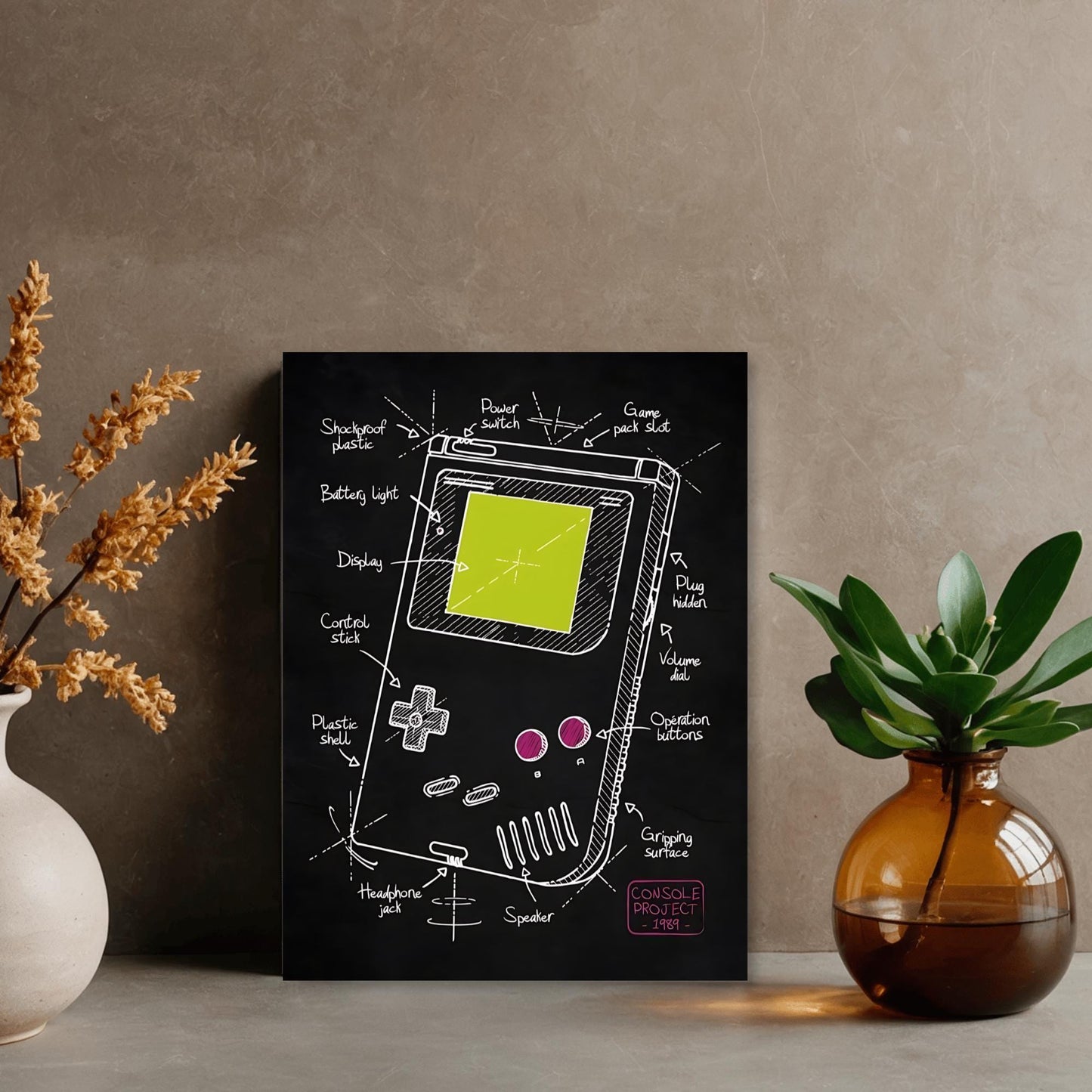 Poster Métal Game Boy Blueprint – Art Mural Gaming Rétro | Impression Aluminium Brillante Décoration Geek