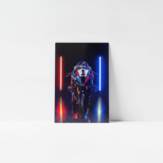 A motorcycle with a blue and red stripe is positioned in front of two glowing red and blue lights, creating a visually striking and dynamic scene.