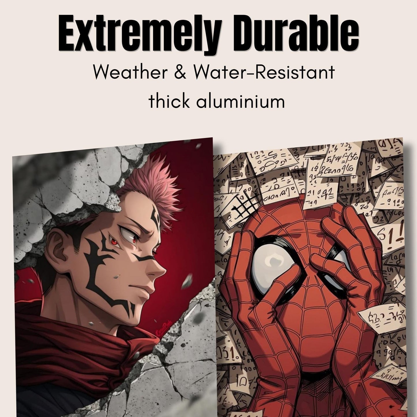 The image is a collage of two images, one depicting a character with a red head and the other showing a close-up of a spider's face. The text above the images reads "Extremely Durable Weather & Water-Resistant thick aluminum".