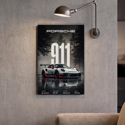 A poster of a Porsche 911 sports car is displayed on a wall, with a lamp fixture above it.