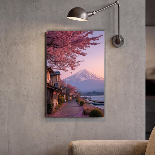 a serene scene of cherry blossoms in full bloom, with a majestic mountain in the background, creating a picturesque and tranquil atmosphere.