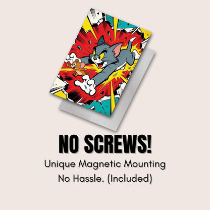 a cartoon character, specifically a cat, with a colorful and dynamic background. The text below the image reads "NO SCREWS! Unique Magnetic Mounting No Hassle (Included)".