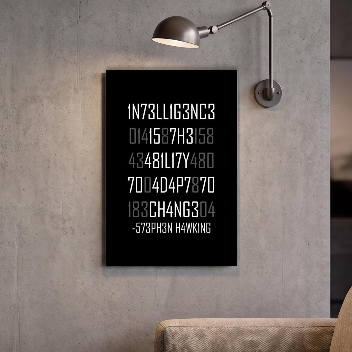 a black framed poster with white text on a concrete wall, accompanied by a metal lamp fixture.