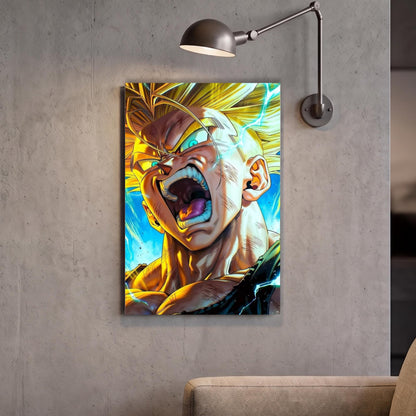 A vibrant, colorful digital artwork depicting a fierce-looking anime-style character with an intense expression, set against a backdrop of blue and yellow energy.