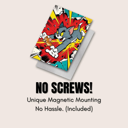 a cartoon character, specifically a cat, with a colorful and dynamic background. The text below the image reads "NO SCREWS! Unique Magnetic Mounting No Hassle (Included)".