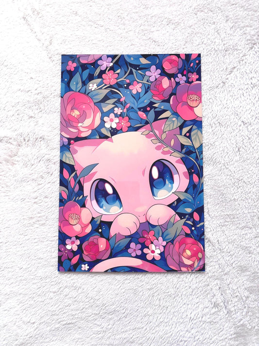Mew Metal Poster - Kawaii Floral Anime Wall Art | Pastel Flower Print, Gaming Room Decor
