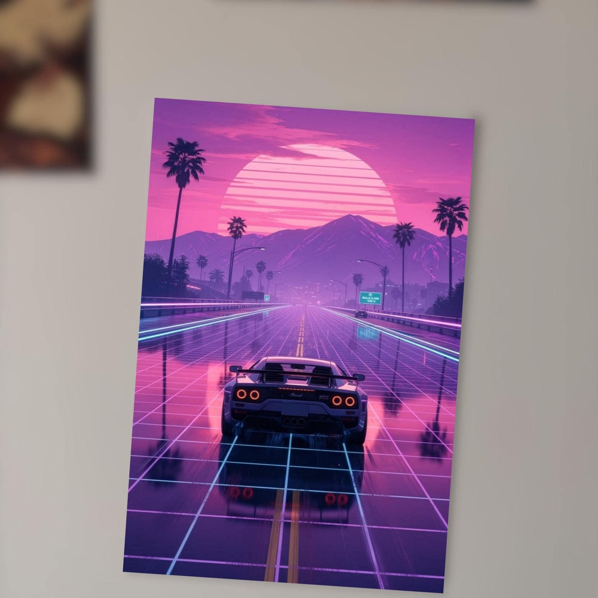 A futuristic car is driving on a road with a pink and purple sunset in the background, creating a visually striking and imaginative scene.