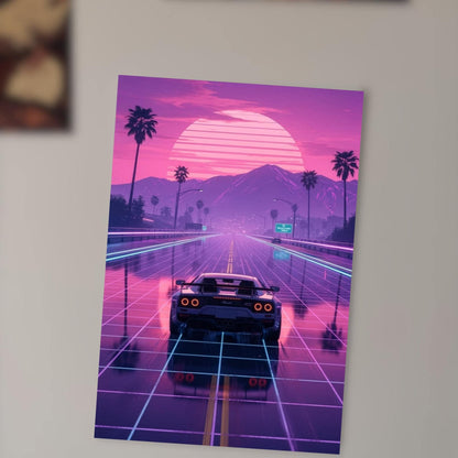 A futuristic car is driving on a road with a pink and purple sunset in the background, creating a visually striking and imaginative scene.