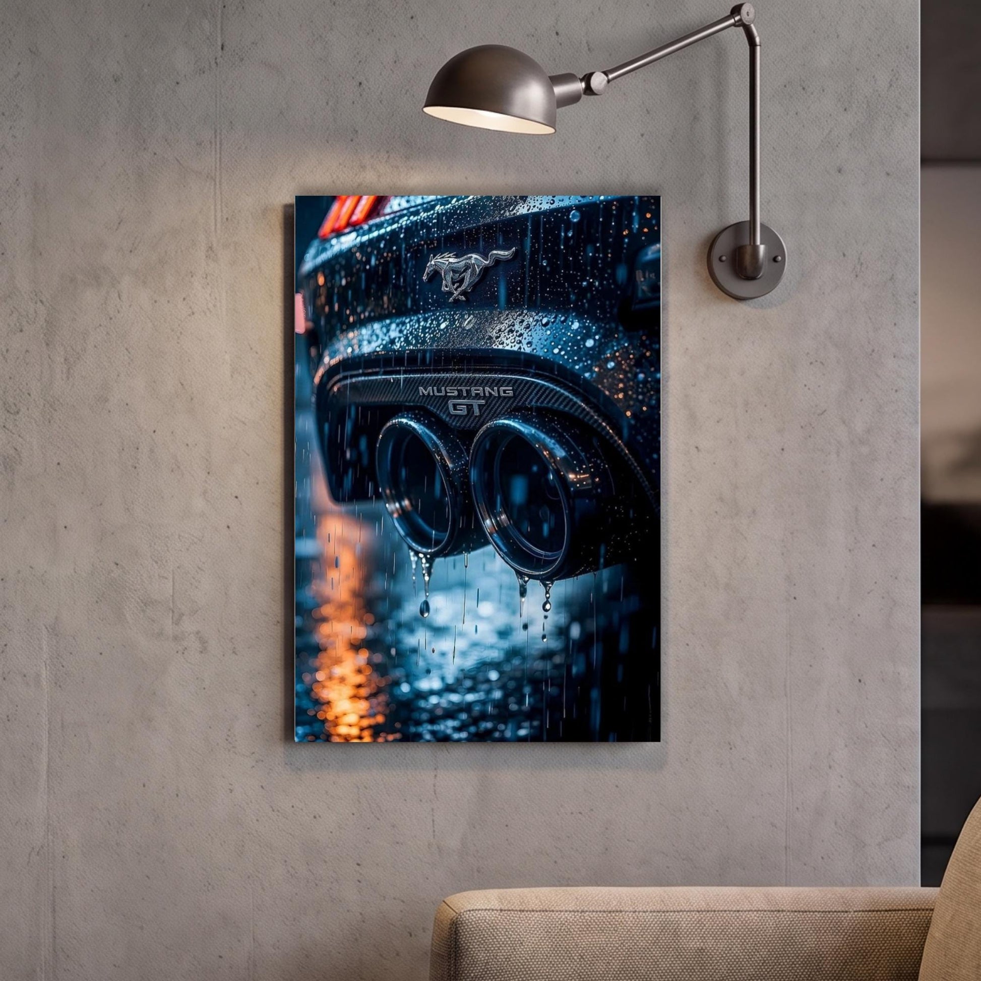 A framed photograph of a car's exhaust pipes is hanging on a wall, with raindrops visible on the surface.