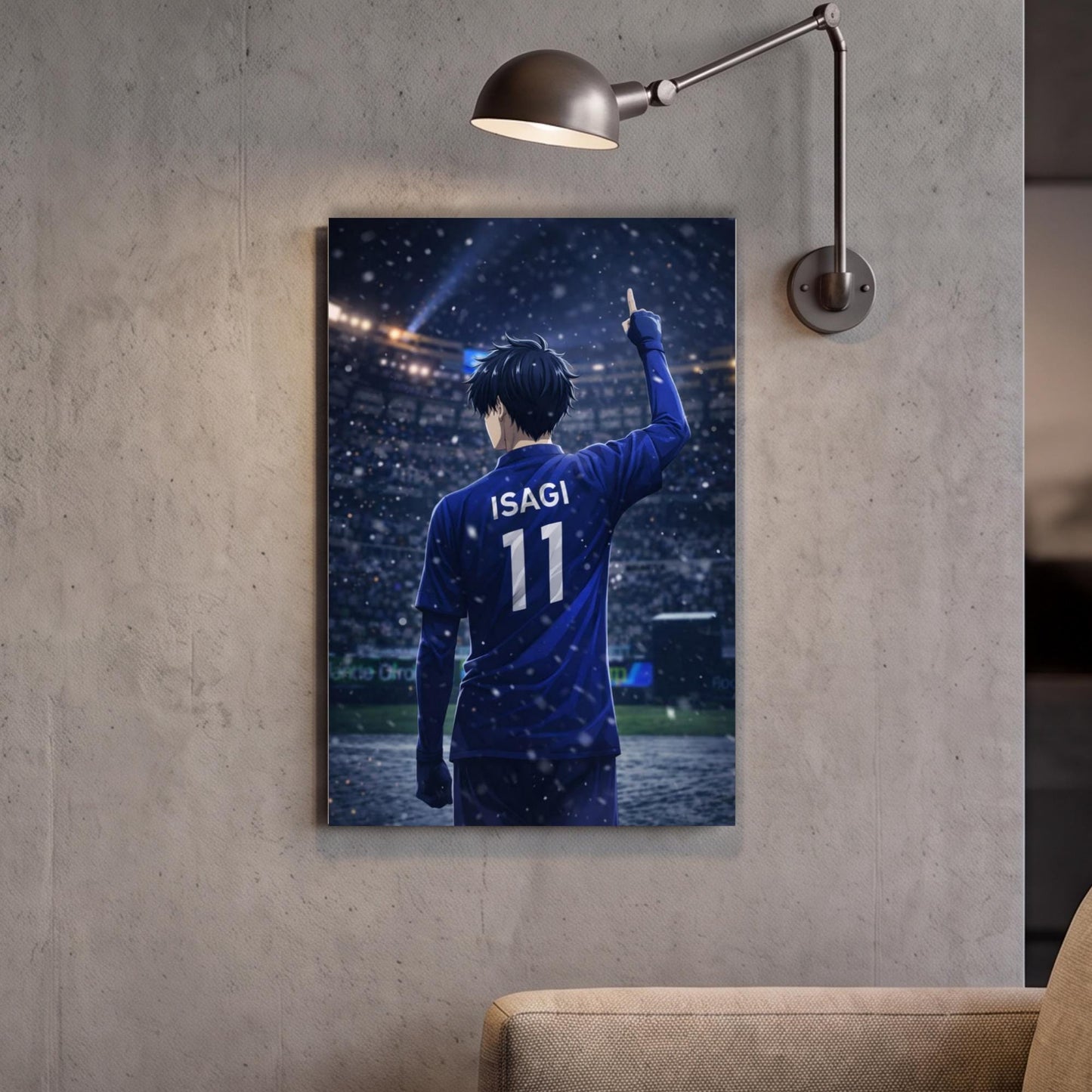 A framed poster of a person wearing a blue jersey with the name "ISAGI" and the number "11" on it, standing in front of a stadium.