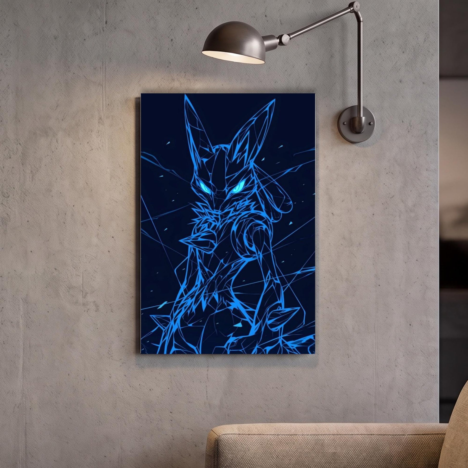 a dark blue abstract artwork with a blue and white color scheme, hanging on a wall.