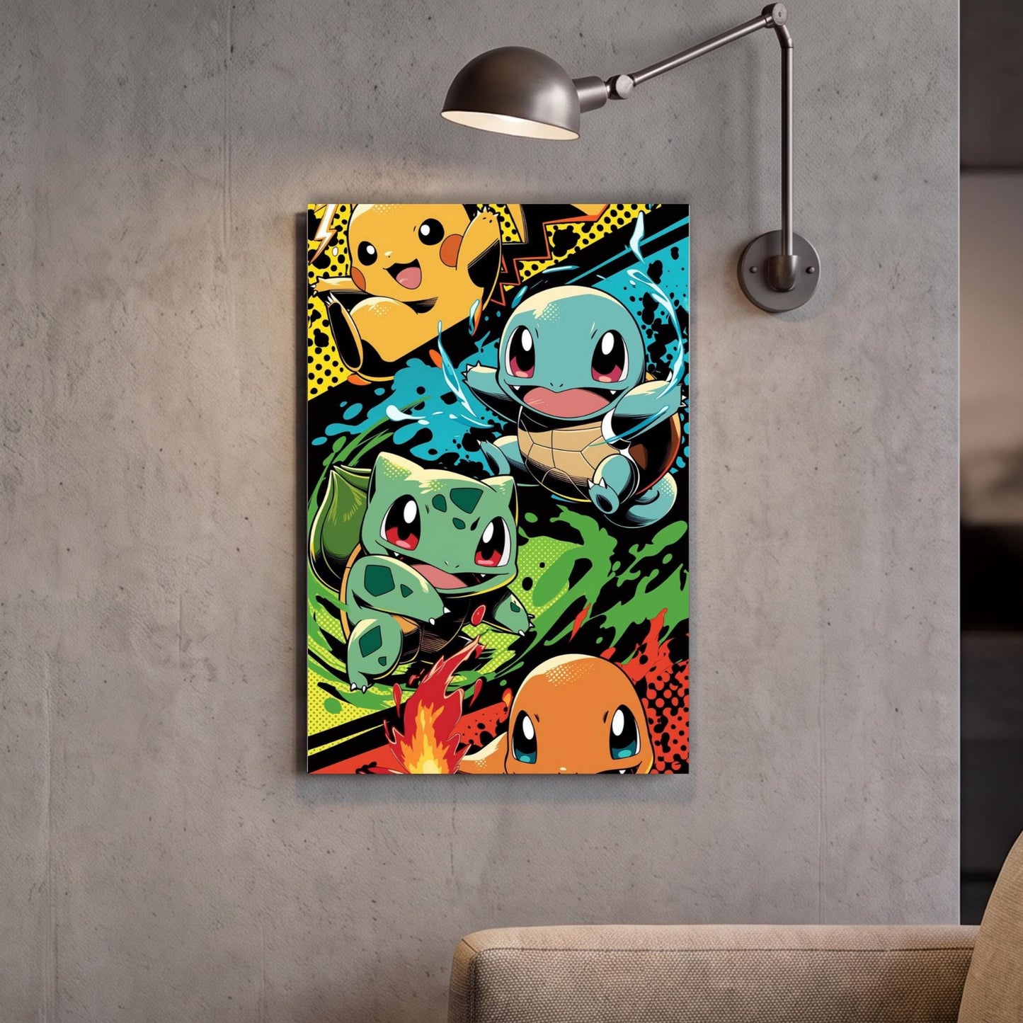 A vibrant and colorful poster featuring characters from the Pokémon franchise, including Pikachu, Quiksilver, Bulby, and Charizard, set against a backdrop of various Pokémon elements.