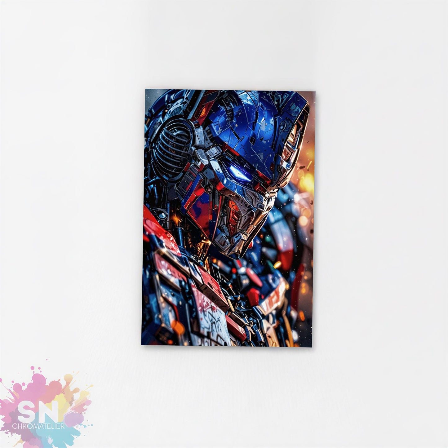 The image is a close-up of a robot or mechanical figure, with a detailed and colorful appearance.