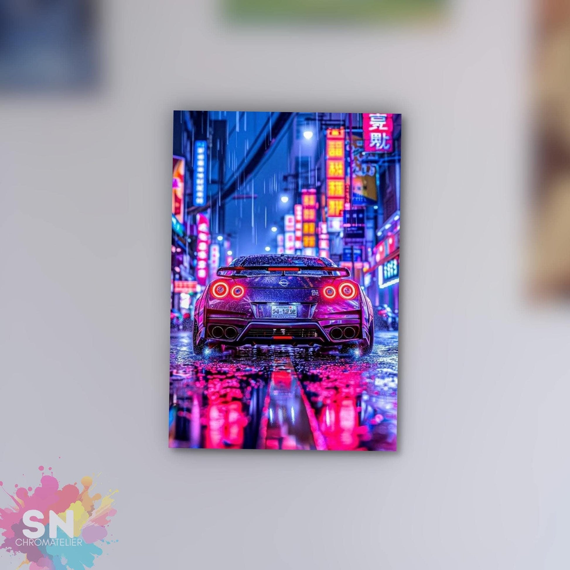 A vibrant, neon-lit cityscape at night, with a sleek, red sports car driving down a rain-soaked street, its headlights and taillights casting a colorful glow on the wet pavement.