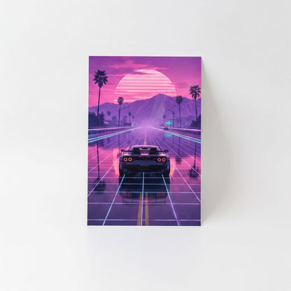 A futuristic car is driving on a road with a pink and purple sunset in the background, creating a visually striking and imaginative scene.