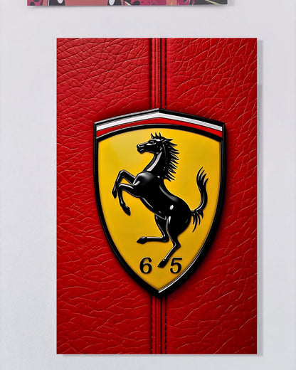 A close-up of a Ferrari emblem on a red leather background.