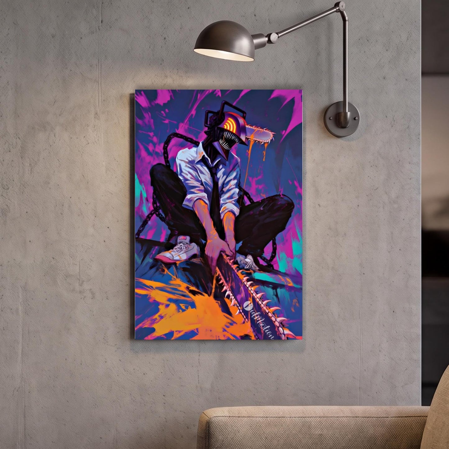 The image is a vibrant, colorful painting depicting a person in a white shirt and black pants, holding a chainsaw and surrounded by a fiery, abstract background.