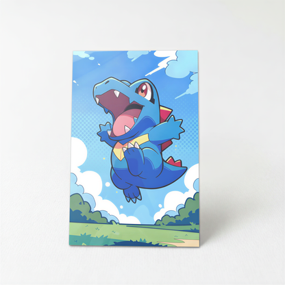 A cartoon-style illustration of a blue alligator-like creature with a red eye and open mouth, flying through a blue sky with clouds and a grassy landscape below.