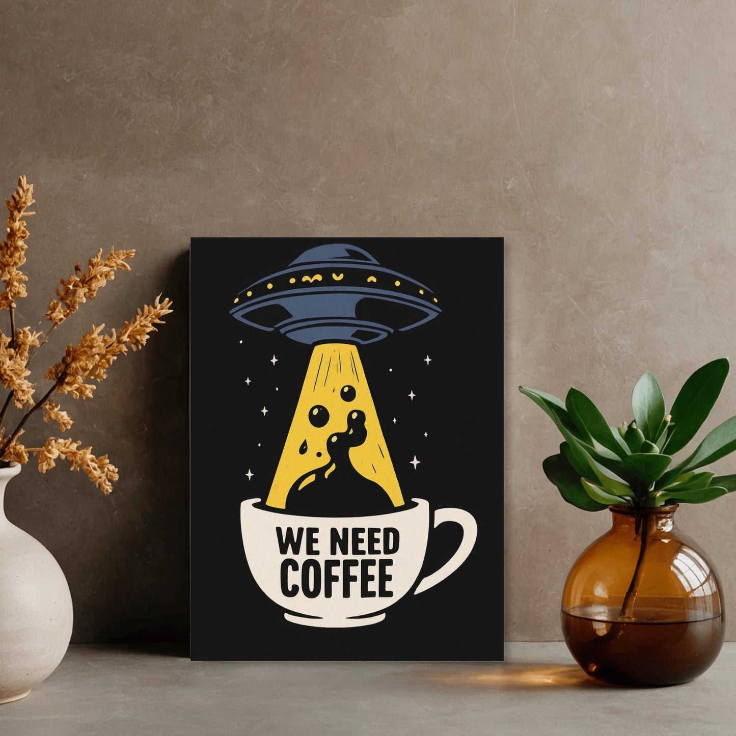 Poster Métal OVNI Café Humour – Décoration Cuisine Vintage Cosmique | Impression Aluminium Brillante Cadeau Caféiné