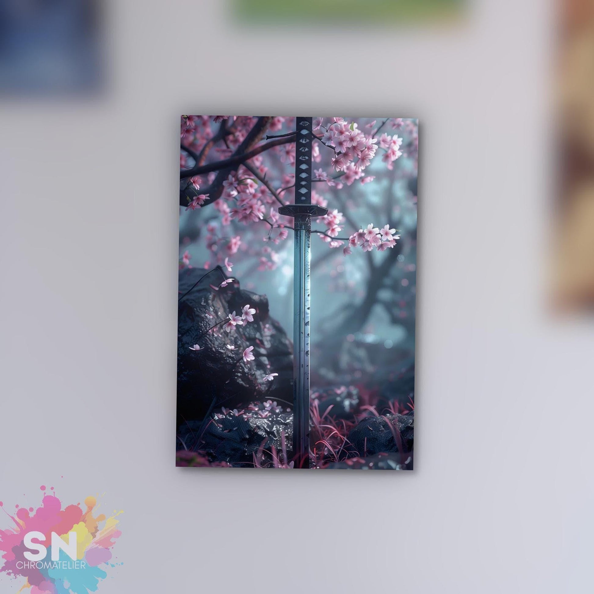 A black sword with a pink cherry blossom in the background, set against a backdrop of a forest with pink cherry blossoms.