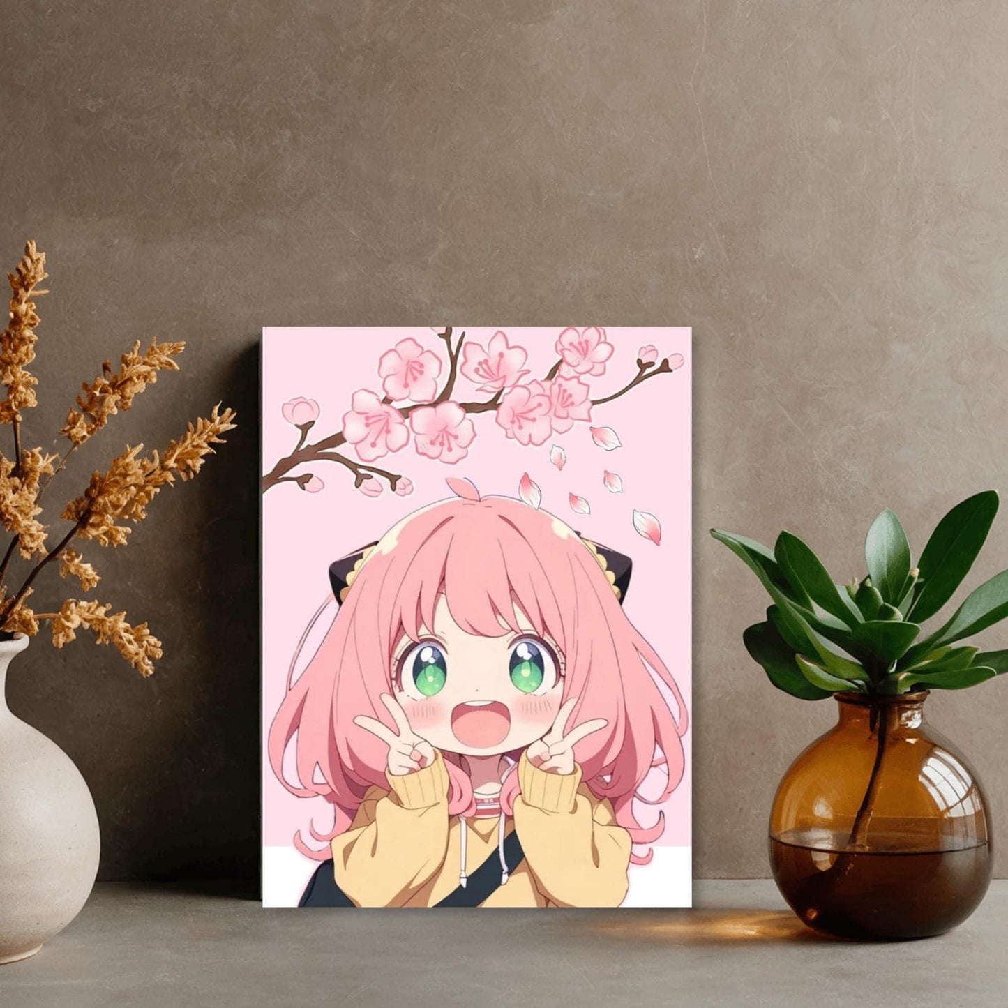 a framed illustration of a young girl with pink hair and green eyes, surrounded by pink flowers and a vase of flowers.