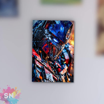 A close-up of a robot or mechanical figure with a blue and red color scheme, with intricate details and a futuristic appearance.
