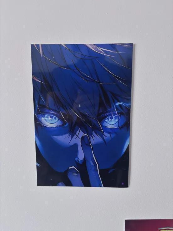 Poster Métal Gojo Satoru – Art Mural Jujutsu Kaisen Néon | Impression Aluminium Brillante Décoration Anime