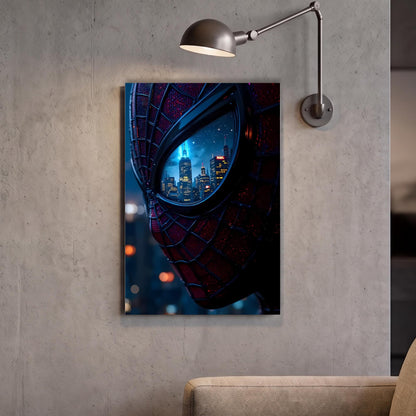 a poster of Spider-Man's face with a cityscape visible through his web-like mask.