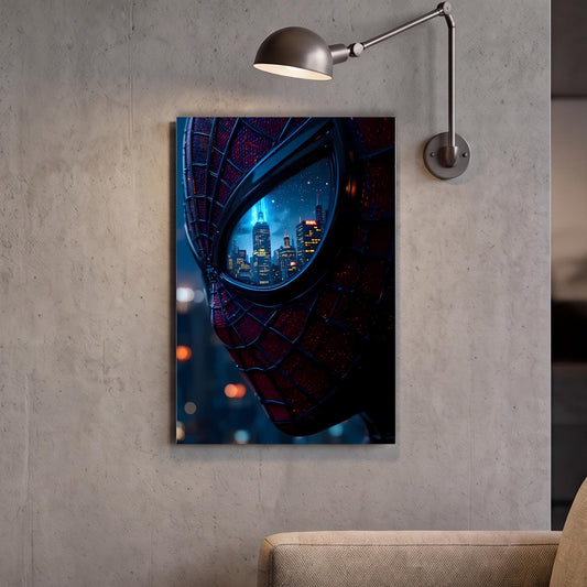 a poster of Spider-Man's face with a cityscape visible through his web-like mask.