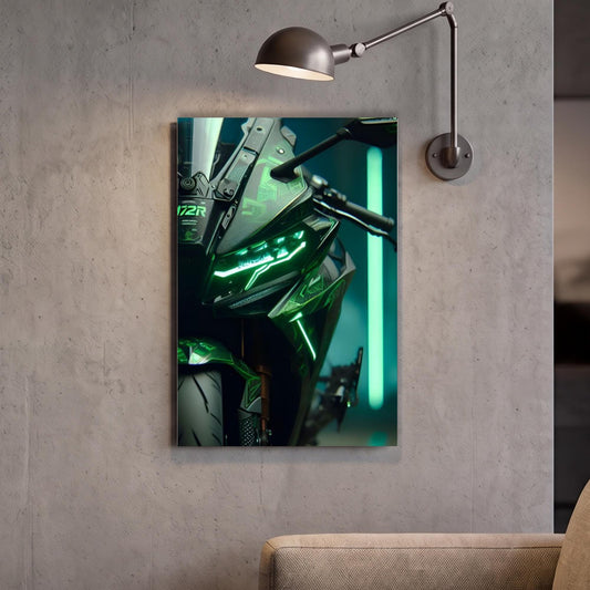 a close-up view of a motorcycle with a green and black color scheme, mounted on a wall.