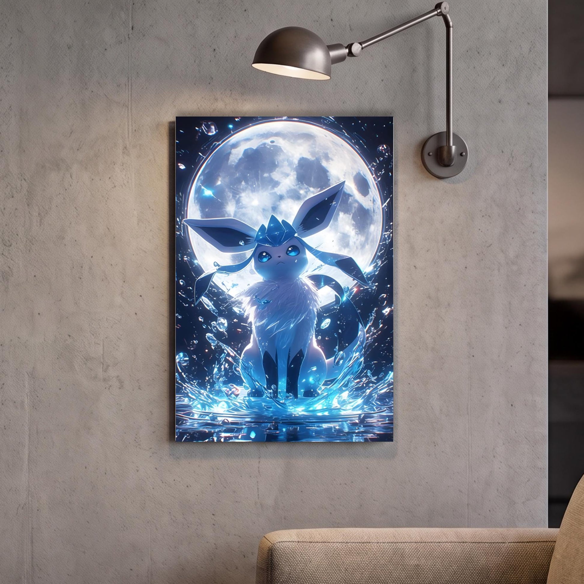 a large, detailed artwork of a blue, ethereal creature with glowing eyes and a radiant aura, set against a backdrop of a full moon and a starry night sky.