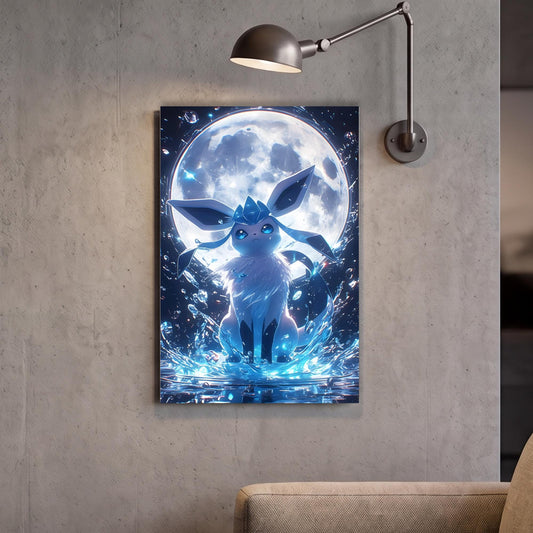 a large, detailed artwork of a blue, ethereal creature with glowing eyes and a radiant aura, set against a backdrop of a full moon and a starry night sky.
