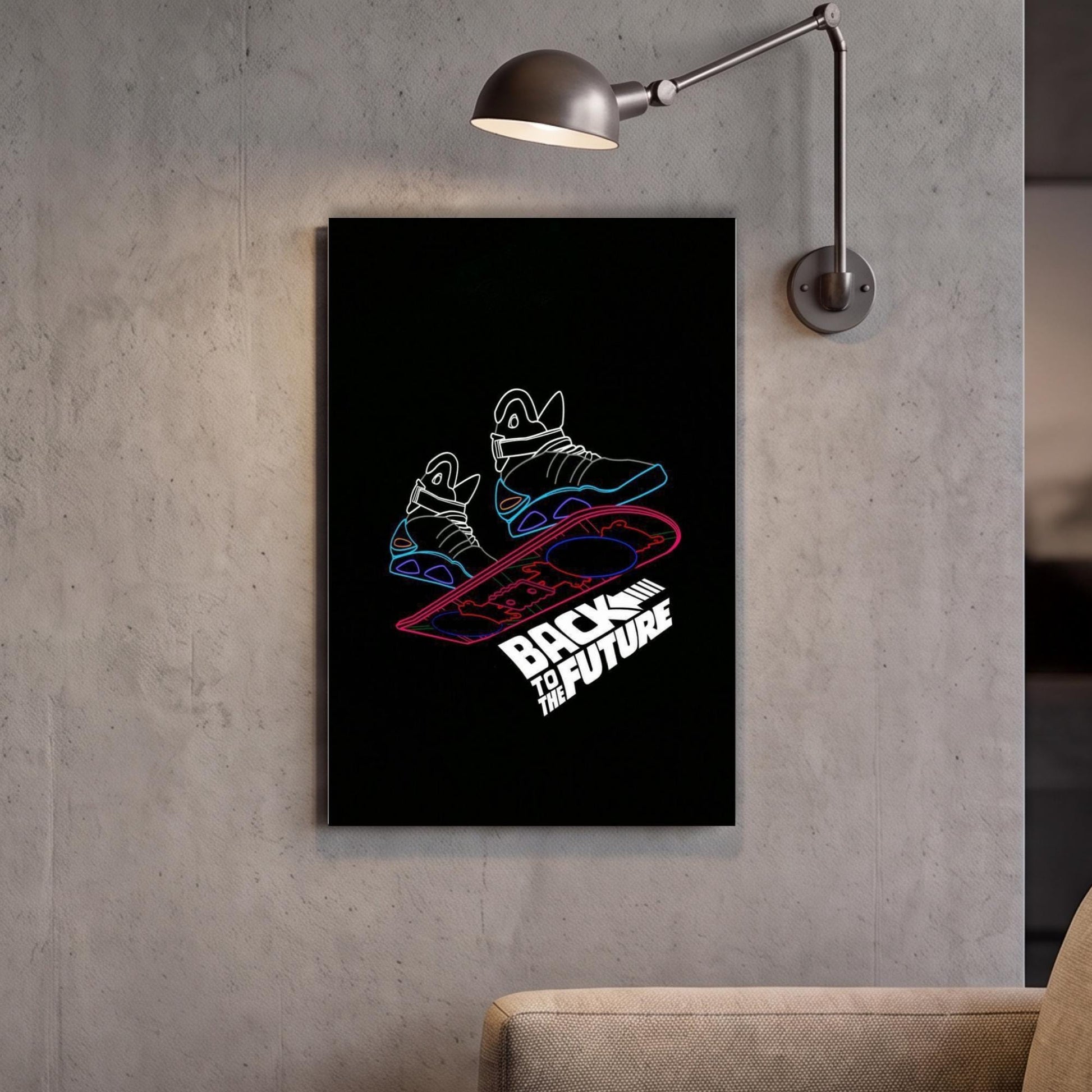 a poster with a skateboard and neon shoes, along with the text "BACK TO THE FUTURE" displayed on the poster.