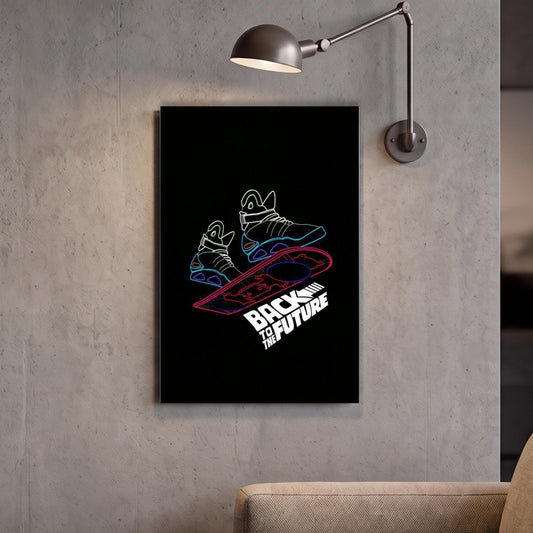 a poster with a skateboard and neon shoes, along with the text "BACK TO THE FUTURE" displayed on the poster.