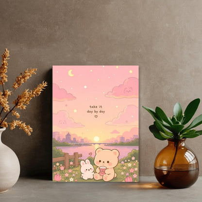 a poster with a pink and orange background depicting a scene with two cute cartoon animals, a bunny and a bear, sitting together in a field with flowers. The poster also includes a message that says "Take it day by day". The poster is displayed on a wall, and there are two vases and a potted plant in the foreground.